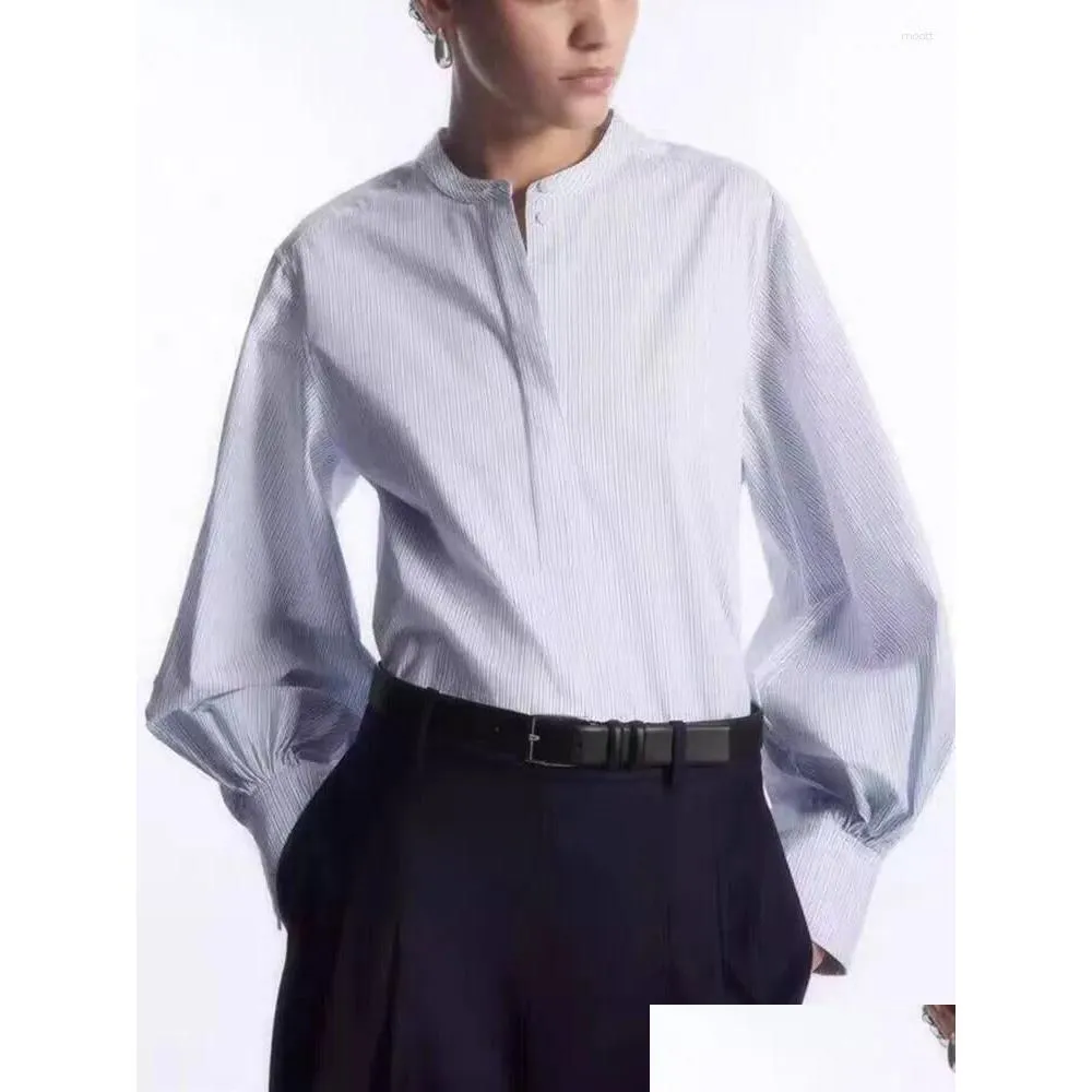 Women`s Blouses Women Stand Collar Stripes Shirt Spring Summer All-Match Female Pleated Blouse 2024