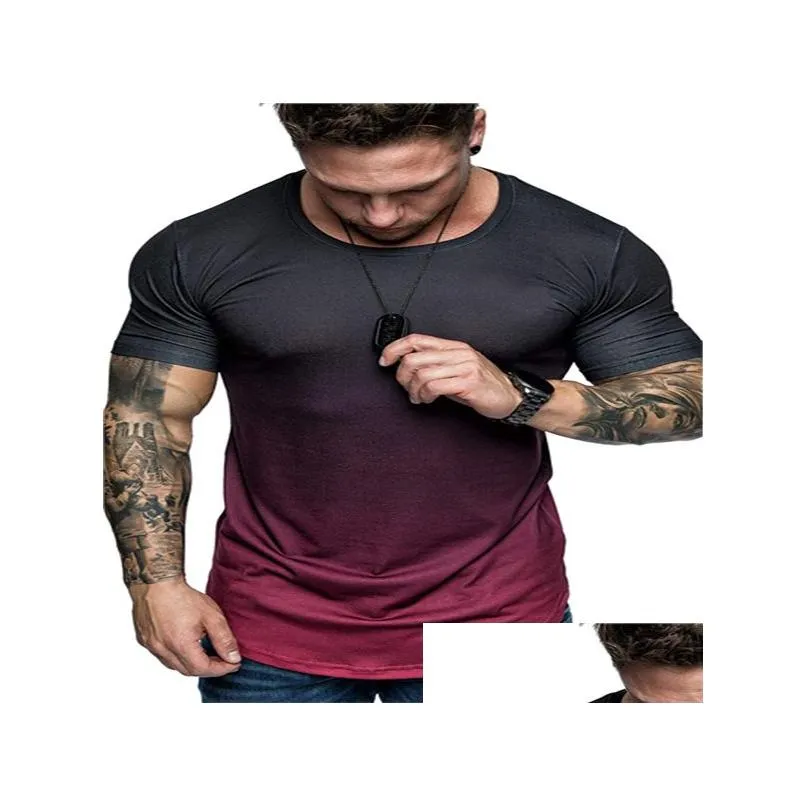 Men`S T-Shirts Mens T Shirts Gradient Short Sleeve T-Shirt Fashion Washed Round Neck Tee Retro Loose High Street Casual Drop Delivery Dhbej