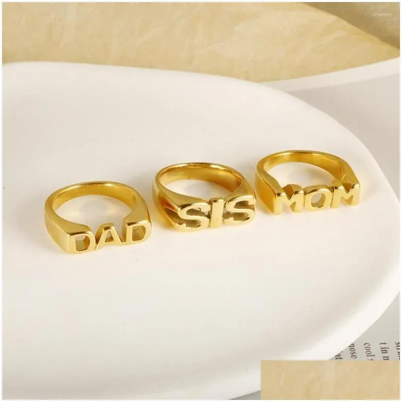Cluster Rings Fashion Gold Plated Glossy Letters Stainless Steel For Women Men Mom Sis Dad High Quality Polish Jewelry Xmas Gift Drop Dhcyd