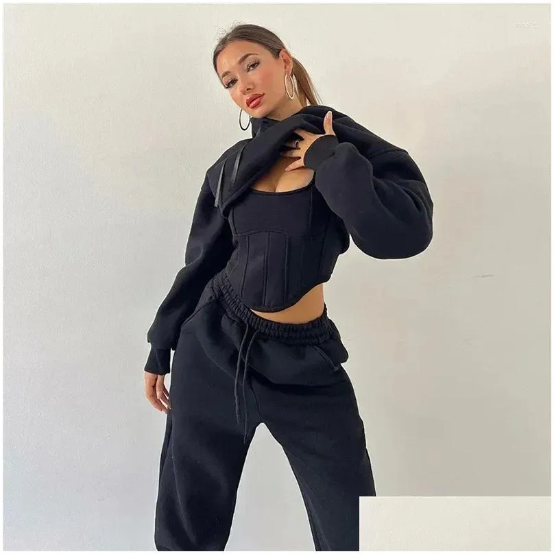 Women`S Two Piece Pants Womens Fashion 3 Pieces Hoodies Set Women Tracksuits Hooded Long Sleeve Cropped Sweatshirt Bandage Corset Swe Dhbft