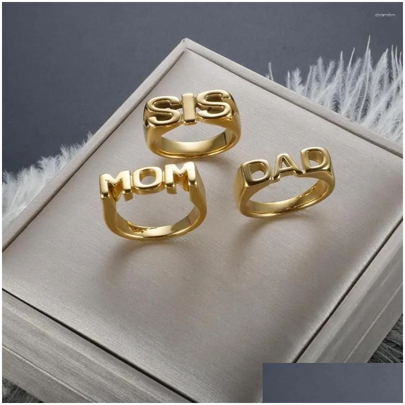 Cluster Rings Fashion Gold Plated Glossy Letters Stainless Steel For Women Men Mom Sis Dad High Quality Polish Jewelry Xmas Gift Drop Dhcyd