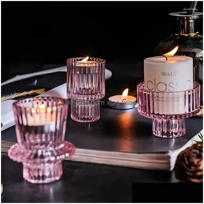 candle holders 3/6pcs strip pattern glass conical tea candlestick holder vintage craft wedding party table dinner decoration stand