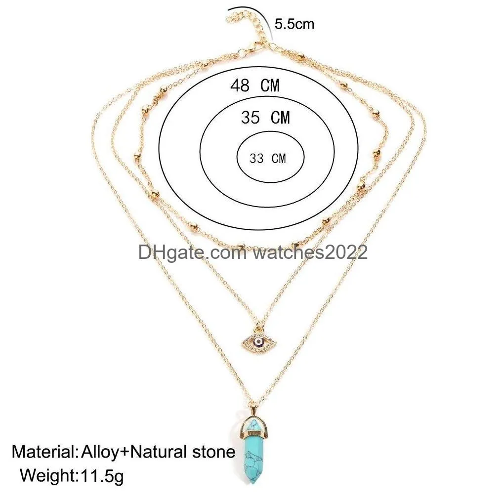 Pendant Necklaces Blue Evil Eye Stone Women Natural Crystal Quartz Chakra Hexagonal Prism Point Healing Beads Necklace Fashion Mti Lay Dhpue