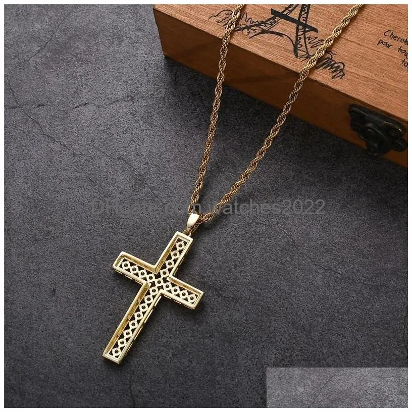 Pendant Necklaces Cubic Zirconia Cross M Twisted Rope Chain Real Gold Sier Plated Brass Bling Zircon Necklace For Men Gifts Fashion De Dhofj