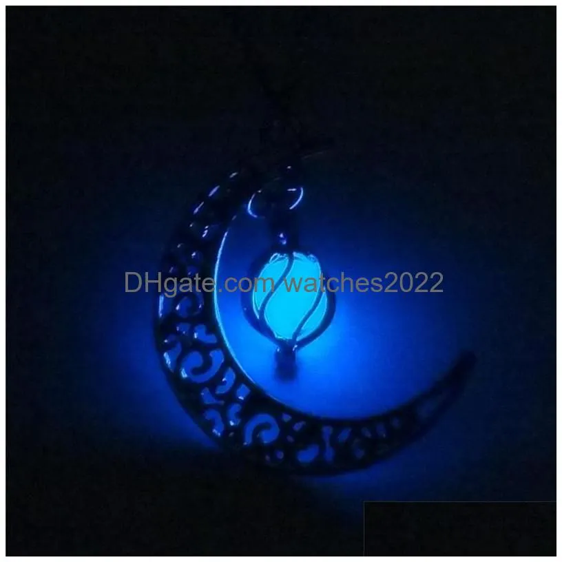 Pendant Necklaces Moon Glowing Necklace Gem Charm Jewelry Sier Plated Women 4 Colors Stone Beads Hollow Luminous Drop Delivery Pendant Dhs1G
