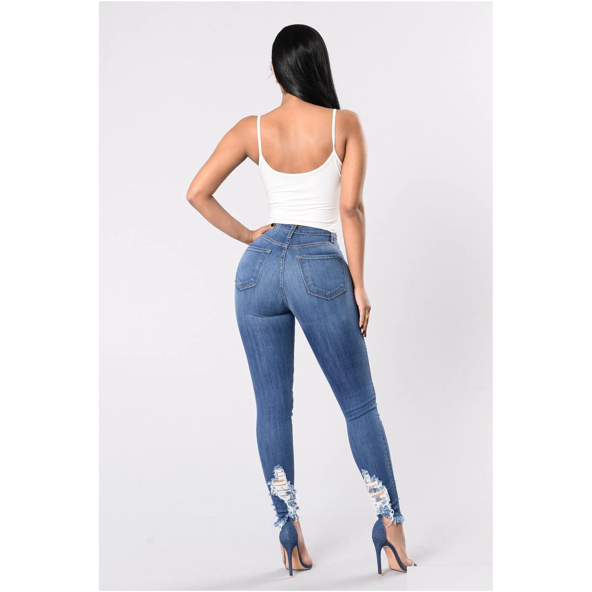 Women`S Jeans Womens High Waisted Women Blue Elastic Waist Hole Strap Pants Rise Clothes Valentine Gift Drop Delivery Apparel Clothin Dhtoc