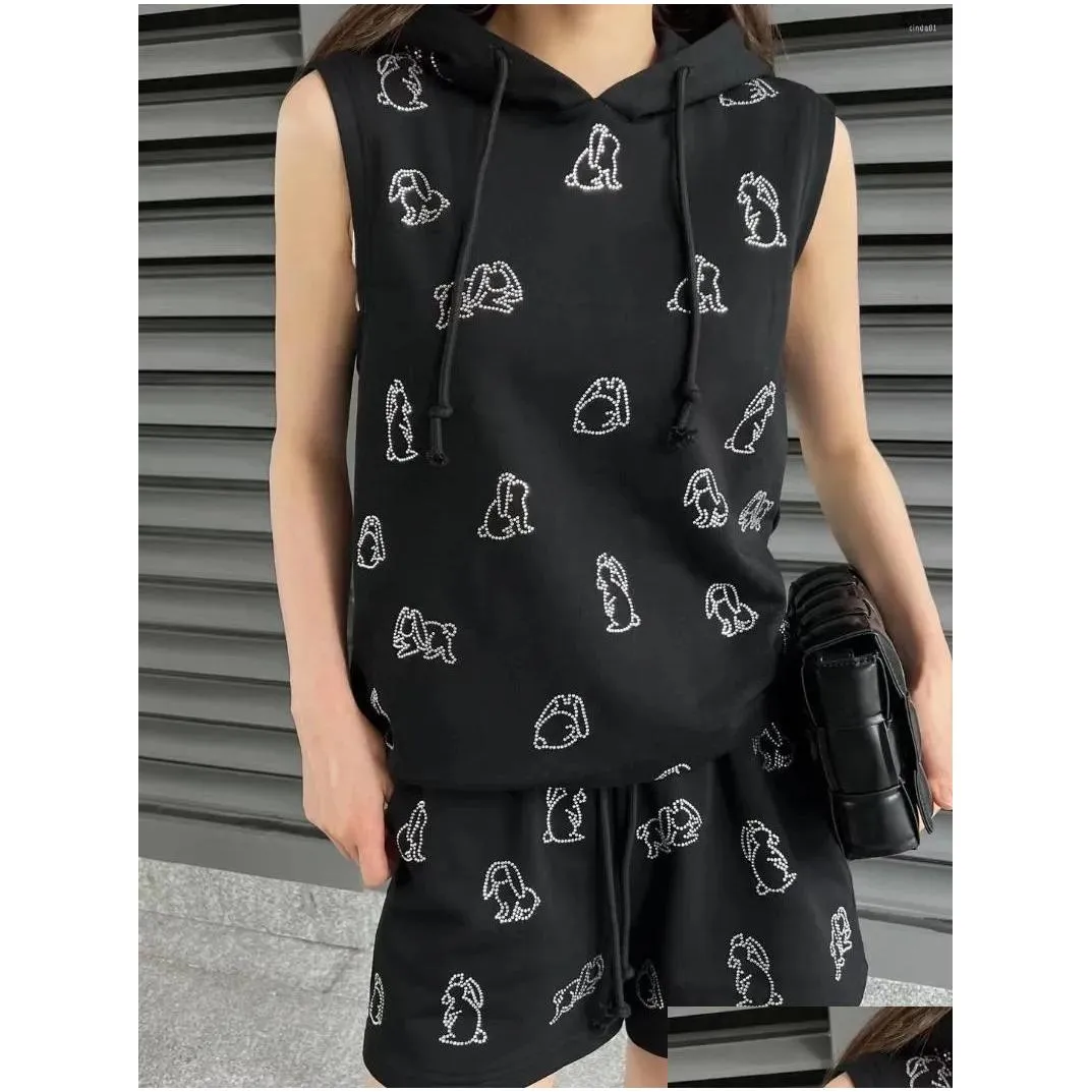 Women`S Two Piece Pants Womens Women Hooded Sweater Hoodie Shorts 2 Pieces Sleeveless Cute Plovers Rabbit Printed Sets Drop Delivery Dhihw