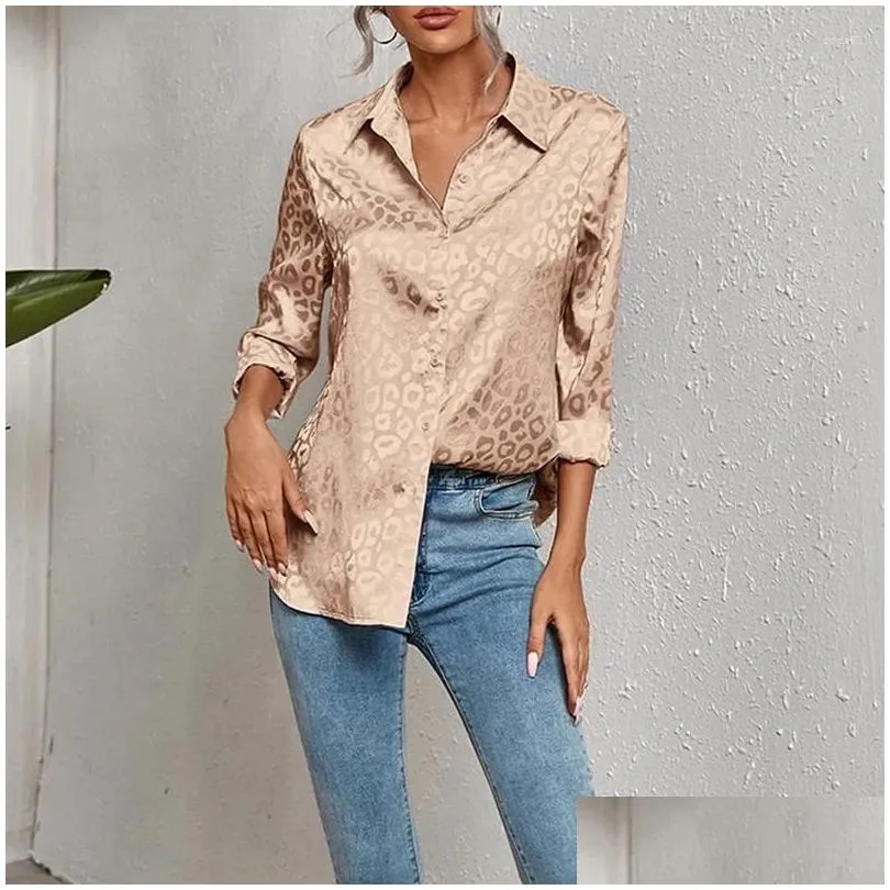 Women`S Blouses & Shirts Womens Women V Neck Long Sleeve Button Down Satin Office Dress Shirt Leopard High Low Hem Work Blouse Drop D Dhy6U