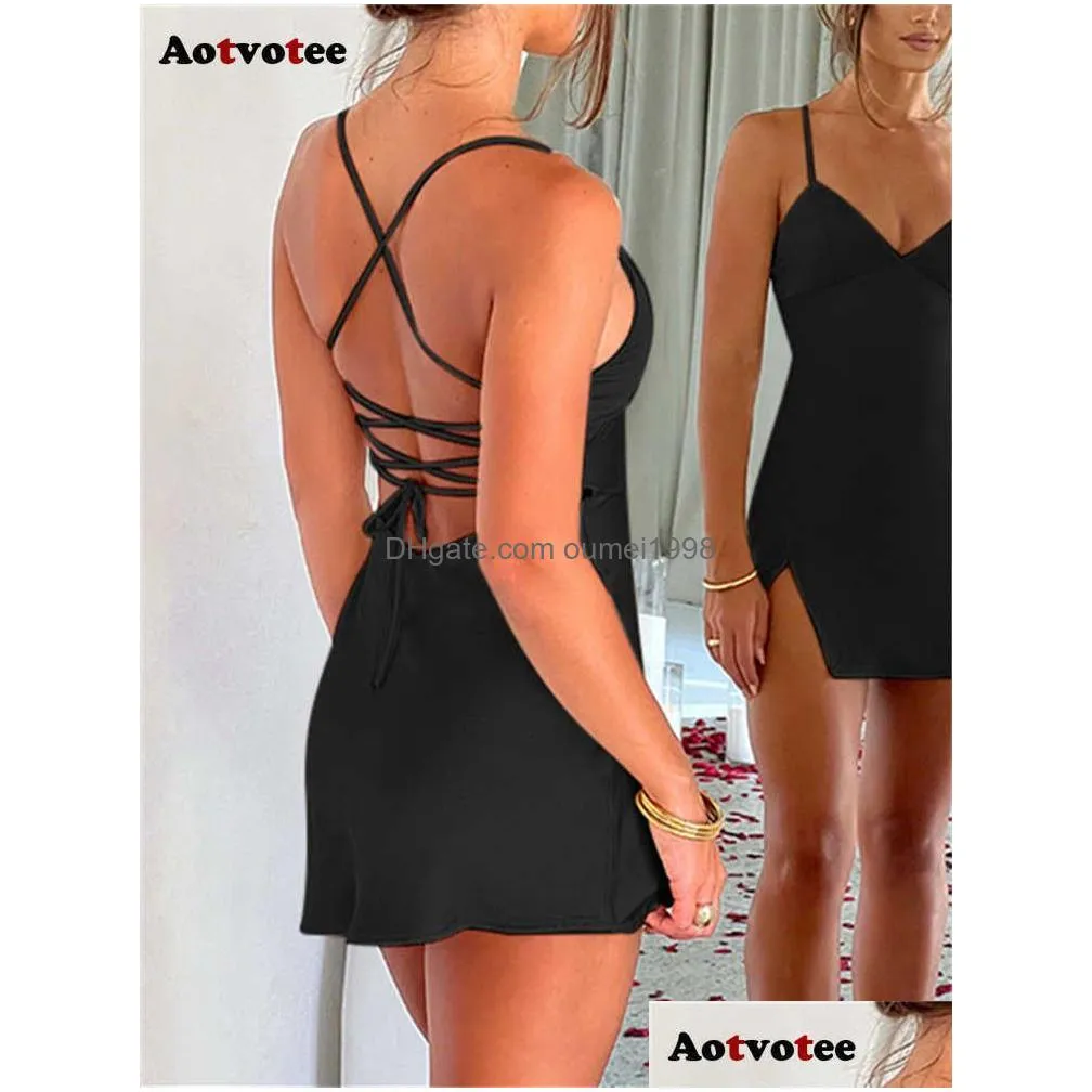 Basic & Casual Dresses Satin Dress For Women 24Ss Fashion Backless Lace-Up Mini Chic Split Slim Solid Spaghetti Strap V Neck Drop Del Dh2A5