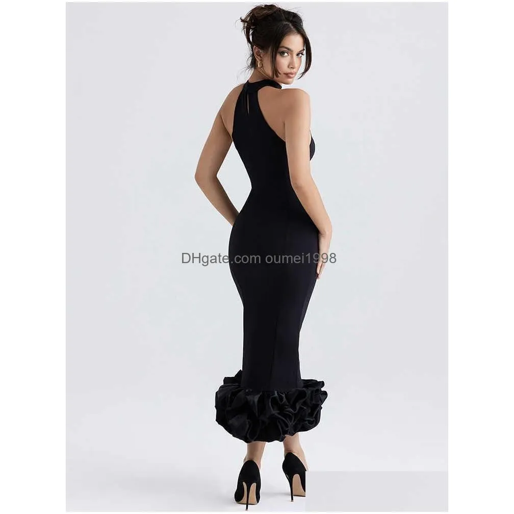 Basic & Casual Dresses Female New Elegant Celebrity Party Dress Runway Outfits Wear 2023 Luxury Design Vintage Black Cocktail Midi Dr Dhngf