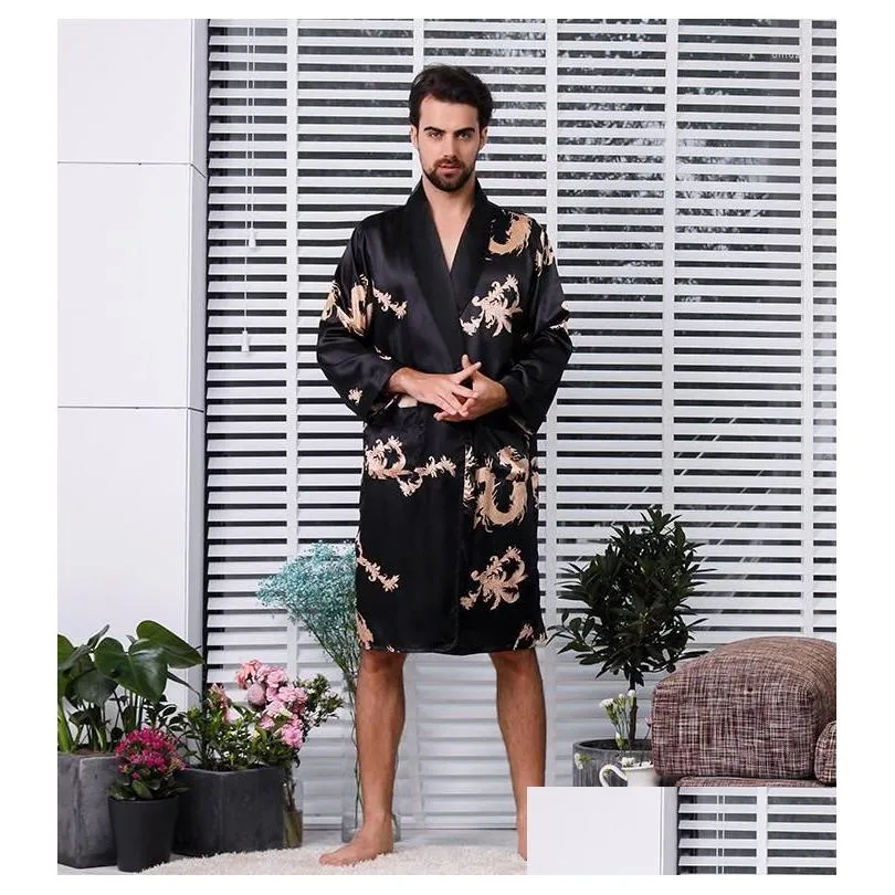 Men`S Sleepwear Mens Black Men Robe Kimono Gown Male Satin Nightwear Long Sleeve Bathrobe Print Pajamas Drop Delivery Apparel Underwe Dhfiy
