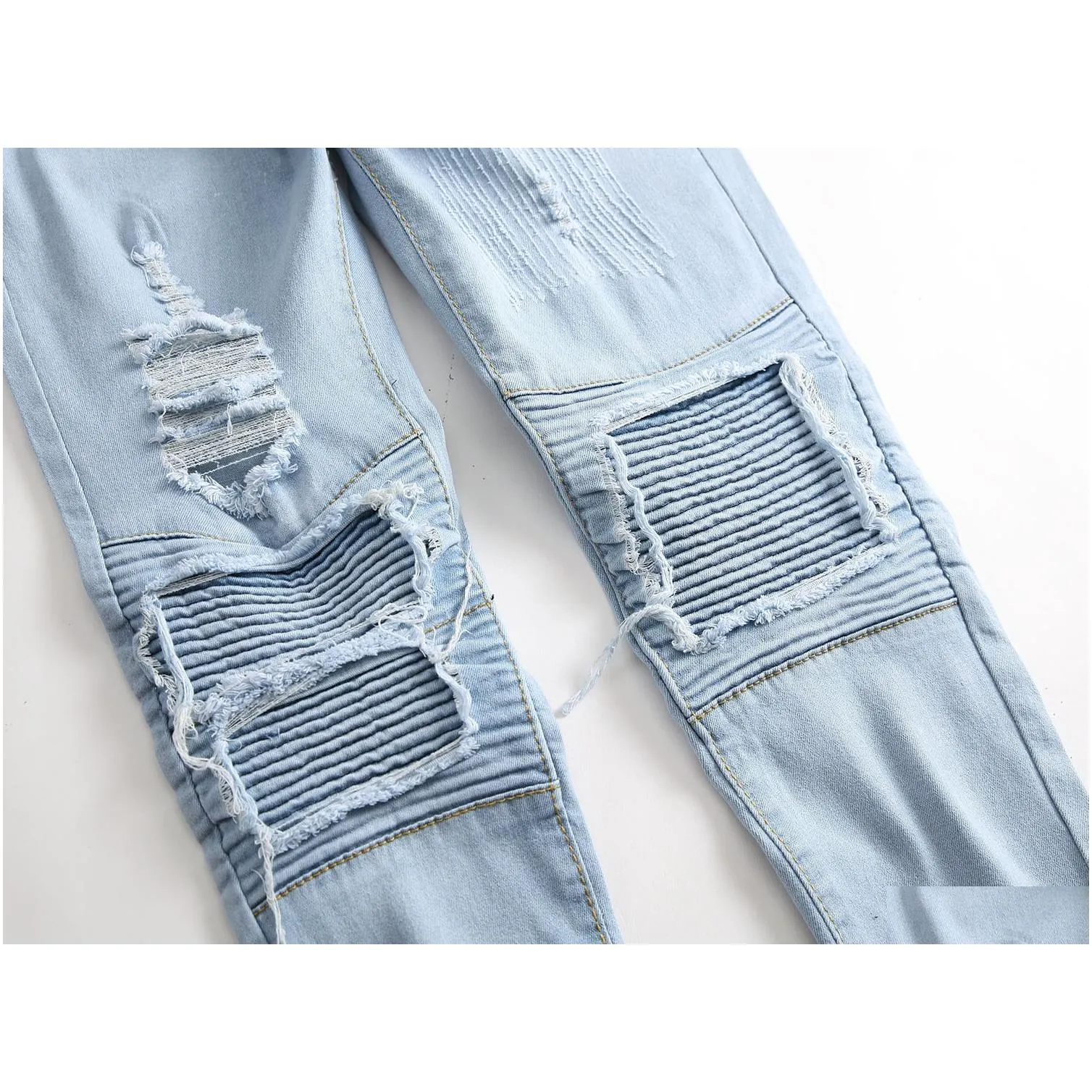 Men`S Jeans Mens Blue Ripped Died Motorcycle Pants Folds Hole Zipper Design Elastic Washed Retro High Street Fashion Drop Delivery Ap Dh1Ih