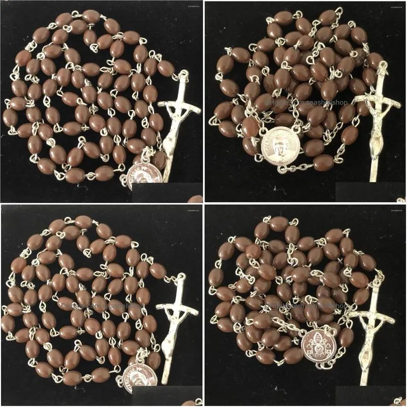 Pendant Necklaces 8 6Mm Sier Plating Chain Oval Brown Glass Bead Rosary Cute Pope For Italy Market Drop Delivery Dhf6R