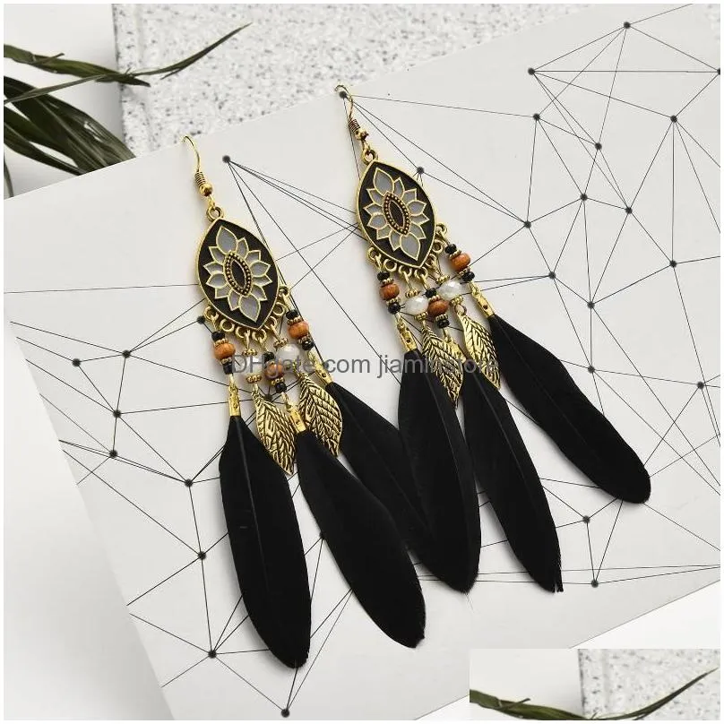 Dangle & Chandelier Earrings Bohemian Jewelry Oval Flower Enamel Charm Earring Vintage Feather Pendientes Mujer Beads Leaf Tassel Ear Dh0Mz