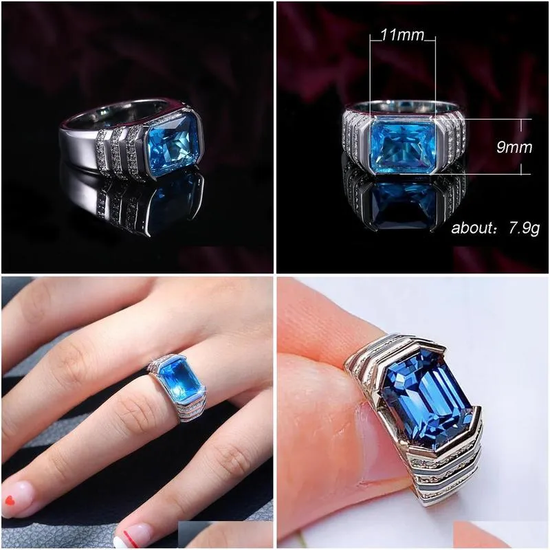 Wedding Rings Geometric Blue Cubic Zircon Finger For Women Men Fashion Jewelry Sier Color Statement Ring Female Anelwedding Drop Deli Dhou3