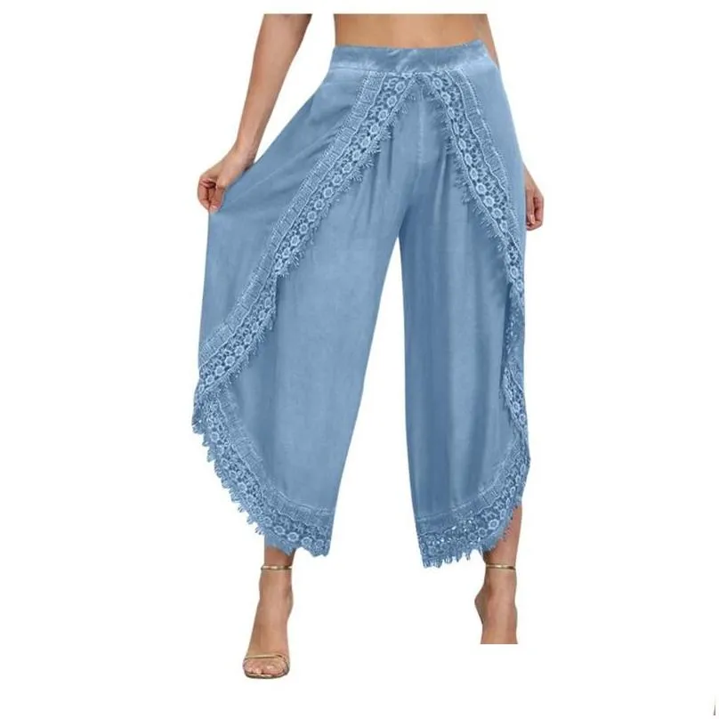 Women`S Pants & Capris Womens Lady Wear Mori Girl Elastic Waist Lace Cloghet Wide Leg Calf-Length Cotton Trousers Hippie Boho Women 2 Dh4Ak