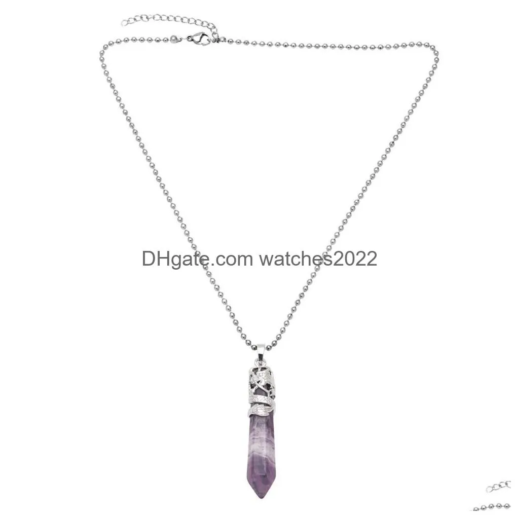 Pendant Necklaces Hexagon Animal Dragon Wrap Natural Stone With Sier Chain Men Fashion Crystal Amethyst Tiger Eye Opal Quartz Onyx Cho Dhfs0