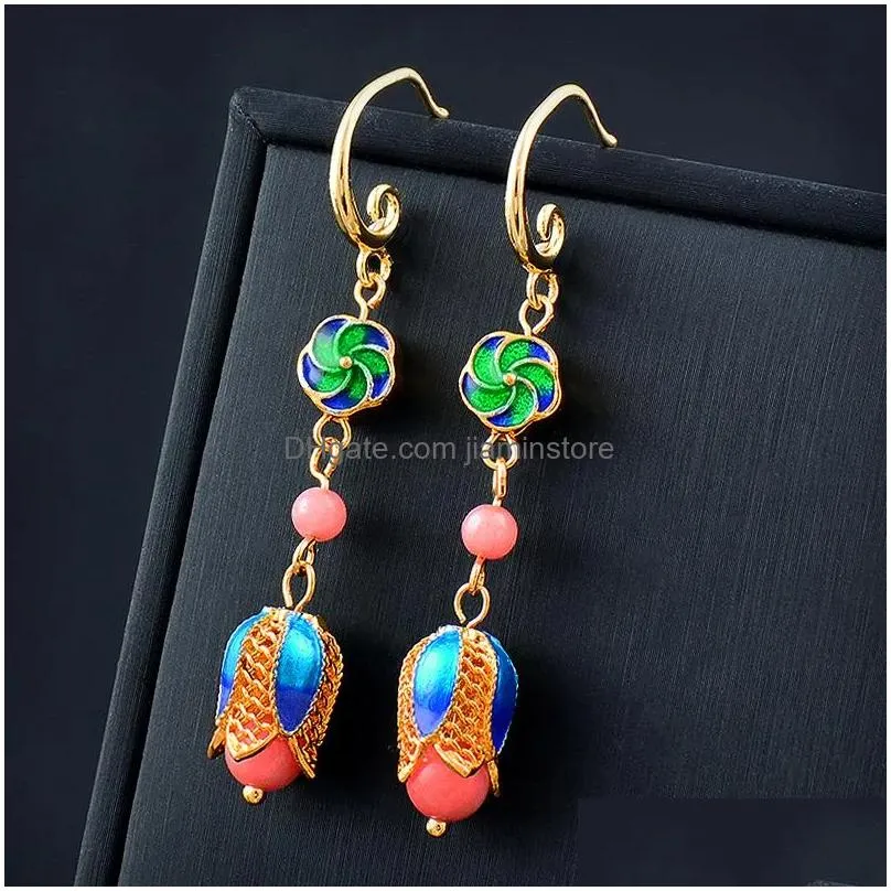 Dangle & Chandelier Vintage Style Green Blue Flower Ball Enamel Earrings For Women Pearl Beads Drop Jewelry Accessories Delivery Dheky