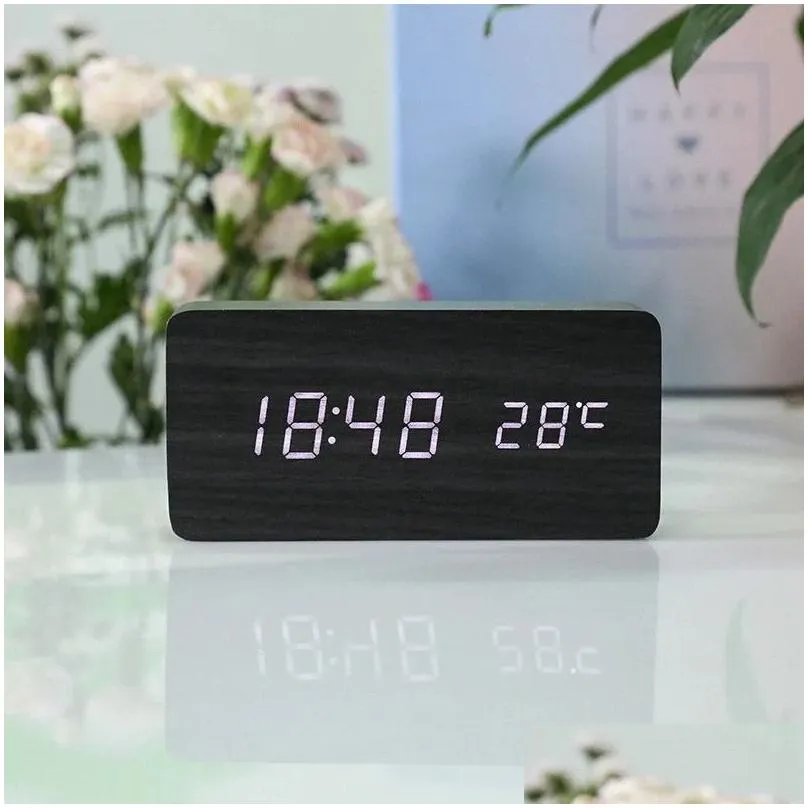 Frames Alarm Clock Led Wooden Watch Table Voice Control Digital Wood Despertador Usb/Aaa Powered Electronic Desktop Clocks Drop Delive Otzb5