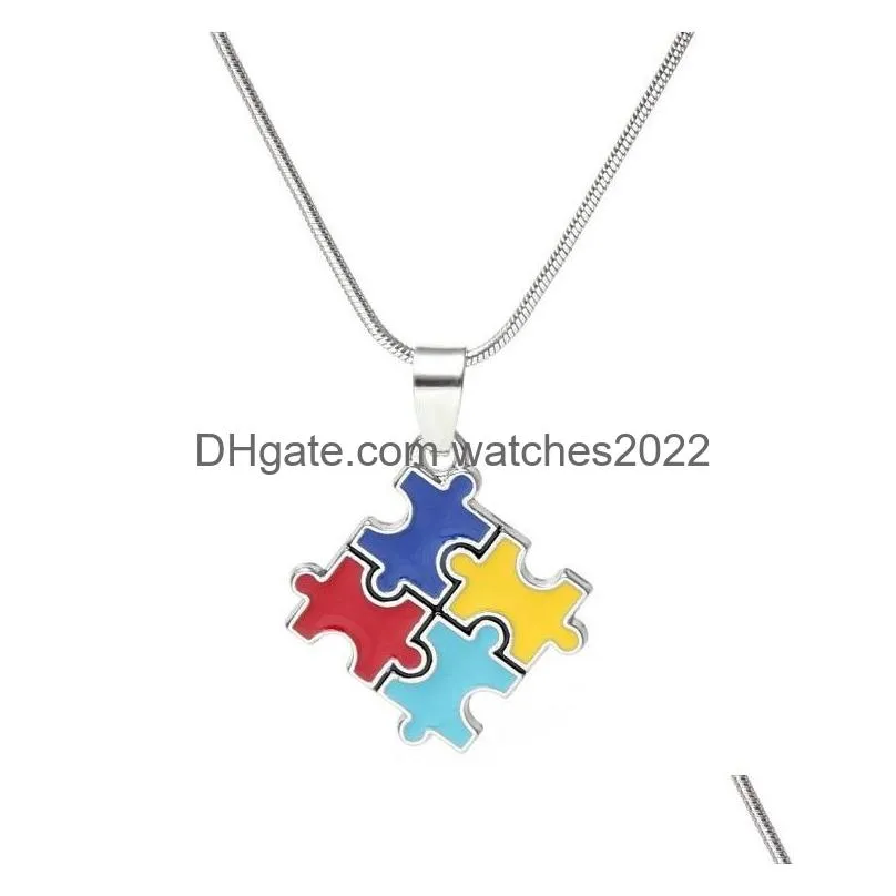 Pendant Necklaces Puzzle Women Men Cross Classic Square Design Colorf Enamel Red Blue Autistic Uni Gift Jewelry With Sier Drop Deliver Dhmp3