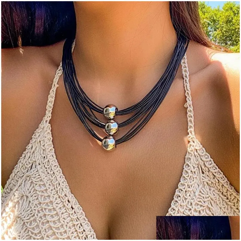 Chokers Choker Ingesight.Z Vintage Mtilayer Ccb Ball Black Leather Wax Necklace Women Goth Punk Short Clavicle Chain Halloween Jewelry Dhqzr