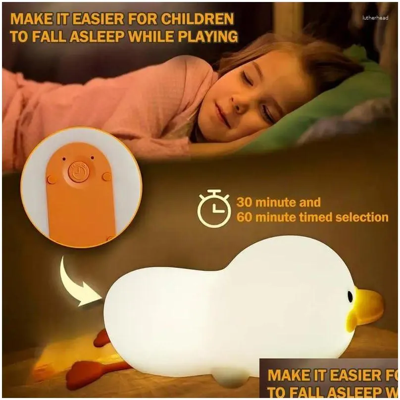 Night Lights Sile Duck Nightlight Cute Lazy Lying Flat Usb Rechargeable Light Up Nursery Breastfeeding Bedside Drop Delivery Dhhxg