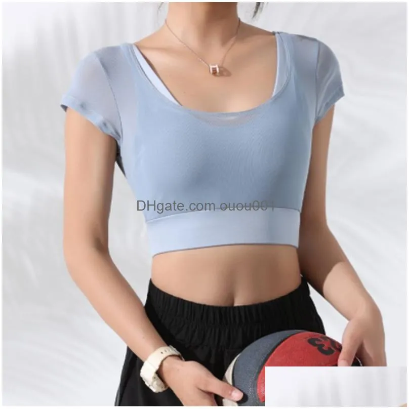 Yoga Outfit Lu Summer Clothes Short-Sleeved Fitness Sports Running Mesh Sweat-Absorbing Fake Two-Piece Gathered Underwear Bra Drop Del Dhkqz