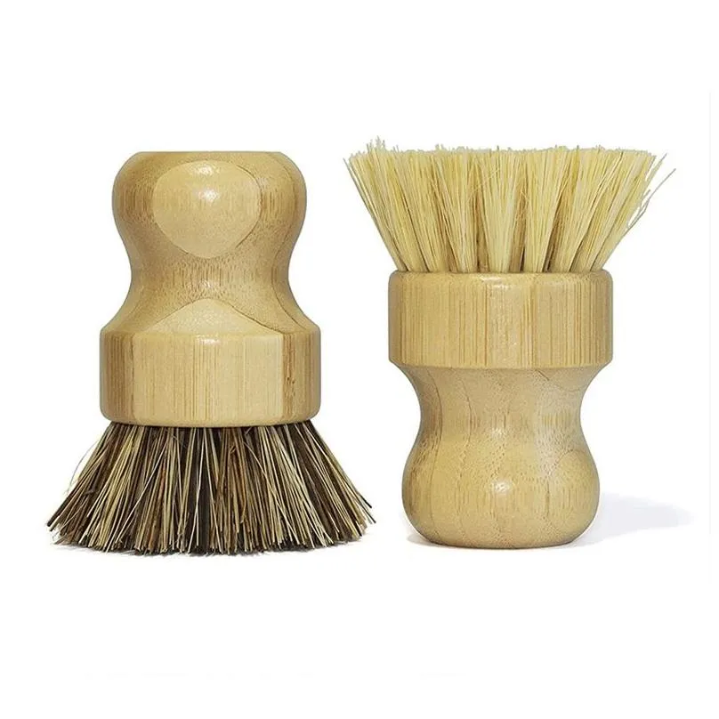Cleaning Brushes Round Wood Brush Handle Pot Dish Household Sisal Palm Bamboo Kitchen Chores Rub Drop Delivery Home Garden Housekeepin Dhsd5