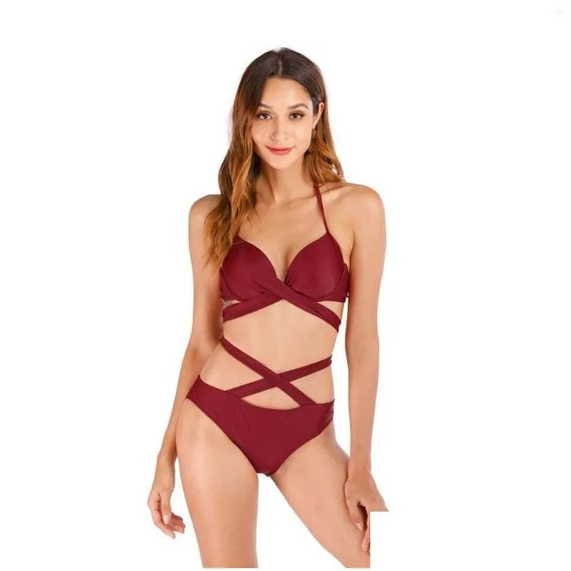 Women`S Swimwear Womens 5 Colors Bikini Y Solid Cross Bandage Hollow Halter Swimsuit Women Bikinis Set Bathing Suit Drop Delivery App Dh5Vp