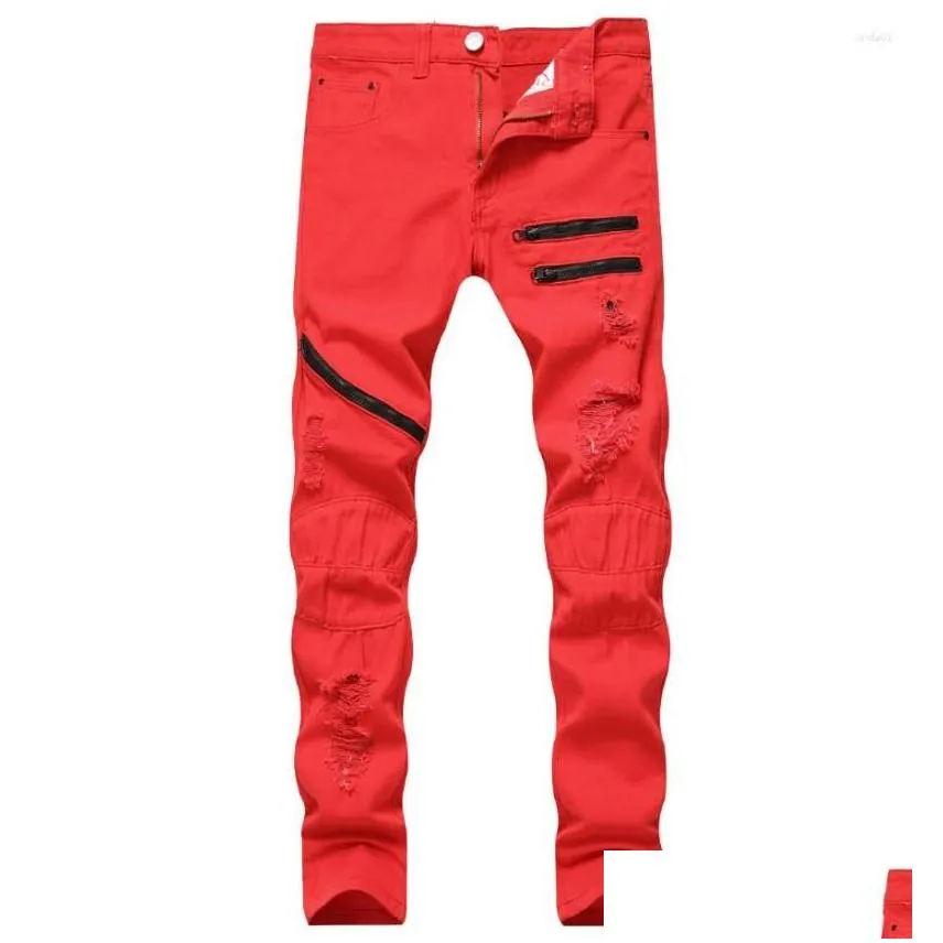 Men`S Jeans Mens Ripped Fashion Pencil Solid Color High Waist Trousers Zipper Design Close-Fitting For Men Drop Delivery Apparel Clot Dhzqa