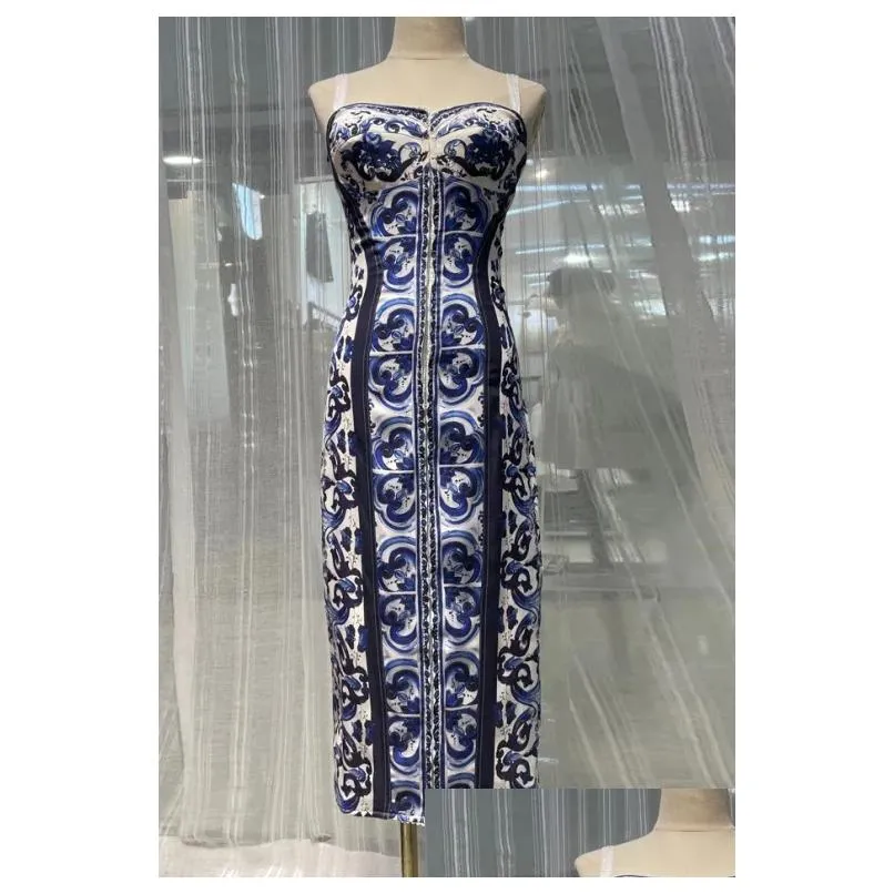 womens dress blue and white porcelain printed silk gathered waist midi slip dress