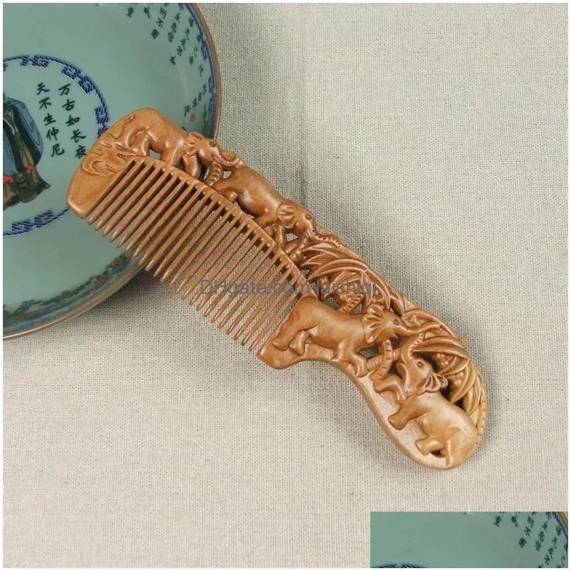 natural peach wooden comb handmade decorative carved pattern hollow out handmade wooden portable girl gift massage hair combs