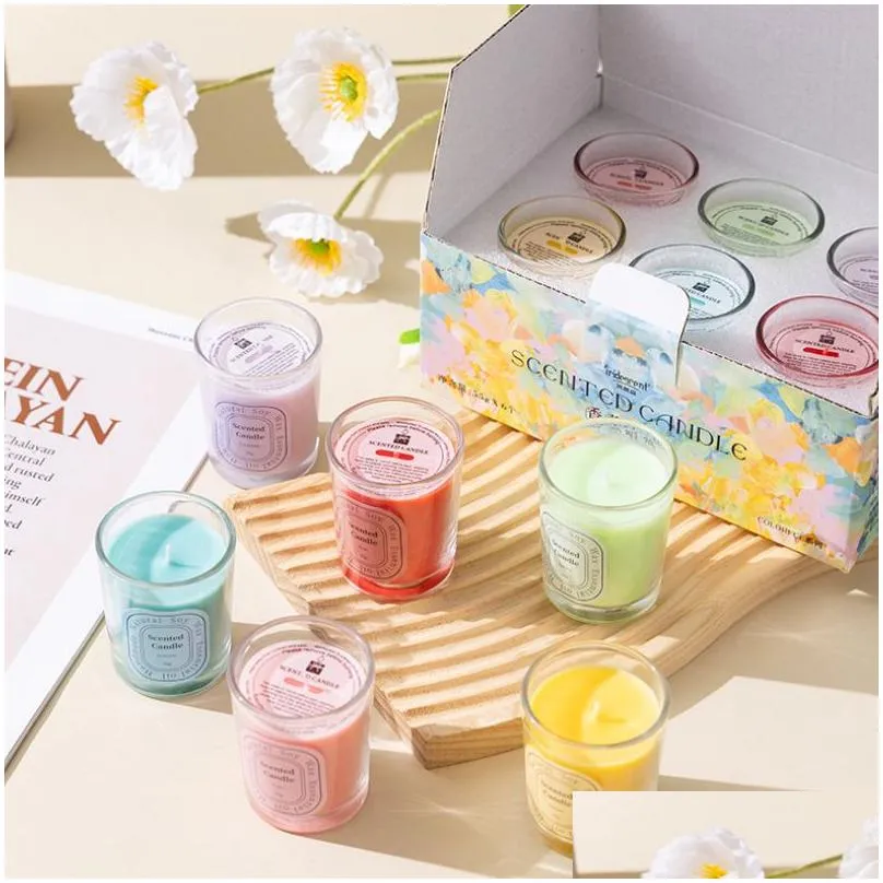 Scented Candle Colorf Glass Cup Aromatherapy Creative Diy Ornaments Incense Plant Wax Gift Box Drop Delivery Home Garden Decor Fragran Dhtfa