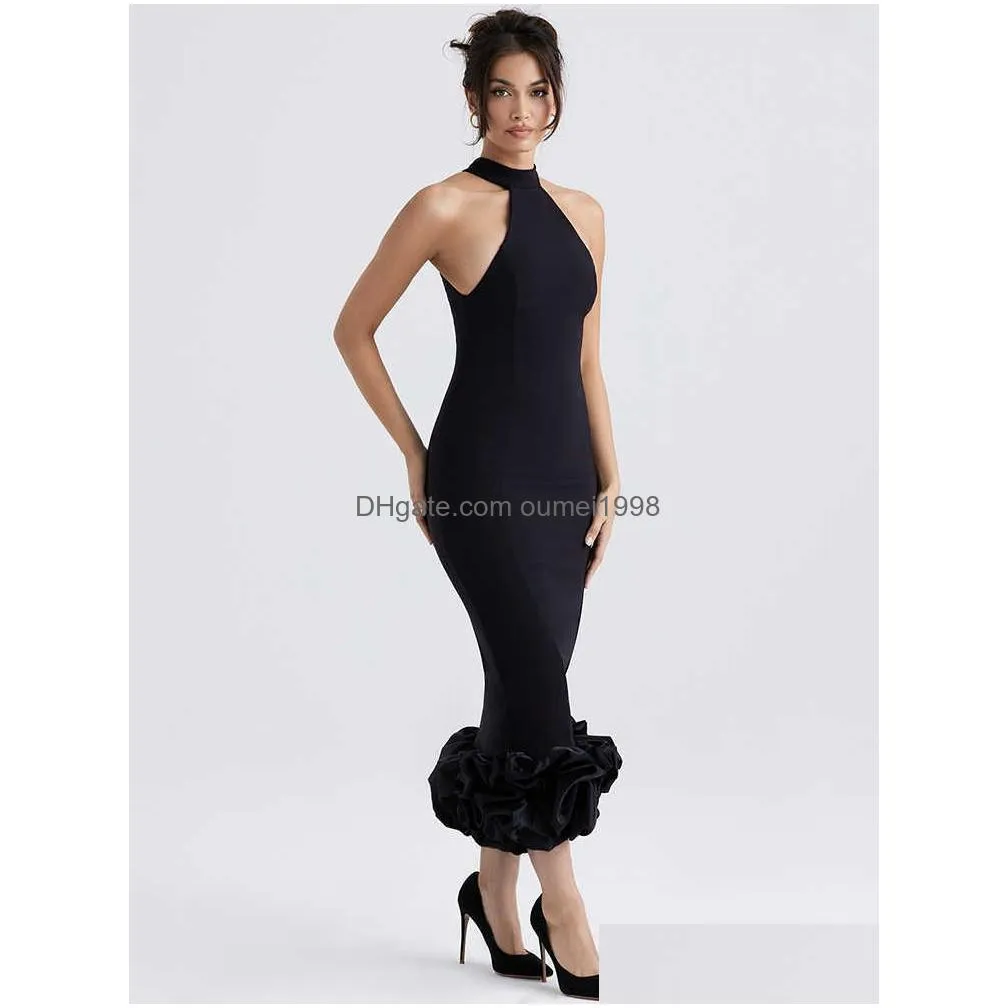 Basic & Casual Dresses Female New Elegant Celebrity Party Dress Runway Outfits Wear 2023 Luxury Design Vintage Black Cocktail Midi Dr Dhngf