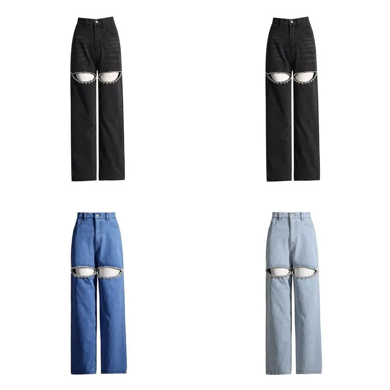 Women`S Jeans Womens Women Fashion Diamonds Splicing Ripped Cut Out Front Love Back Wide Leg 2024 Ins Street Denim Pants Trousers Dro Ottpn