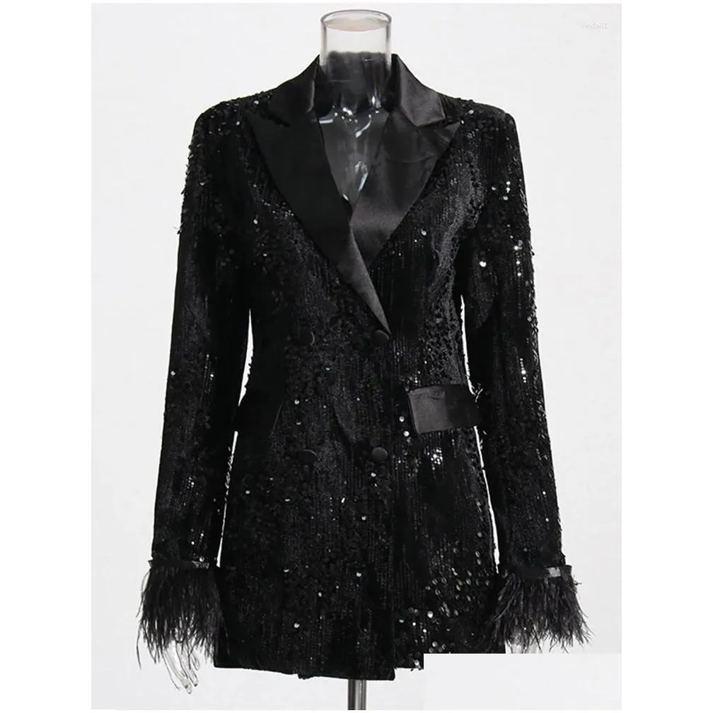 Women`S Jackets Womens High Street Est Fashion Designer Feather Coat Stylish Double Row Button Sequin Ostrich Hair Embellished Blazer Dhajh