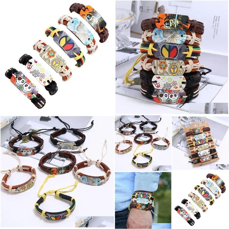 Charm Bracelets Rope Weave Braided Leather Bracelet Vintage Style DIY combination set hot stamping woven hemp rope bracelet Men Women