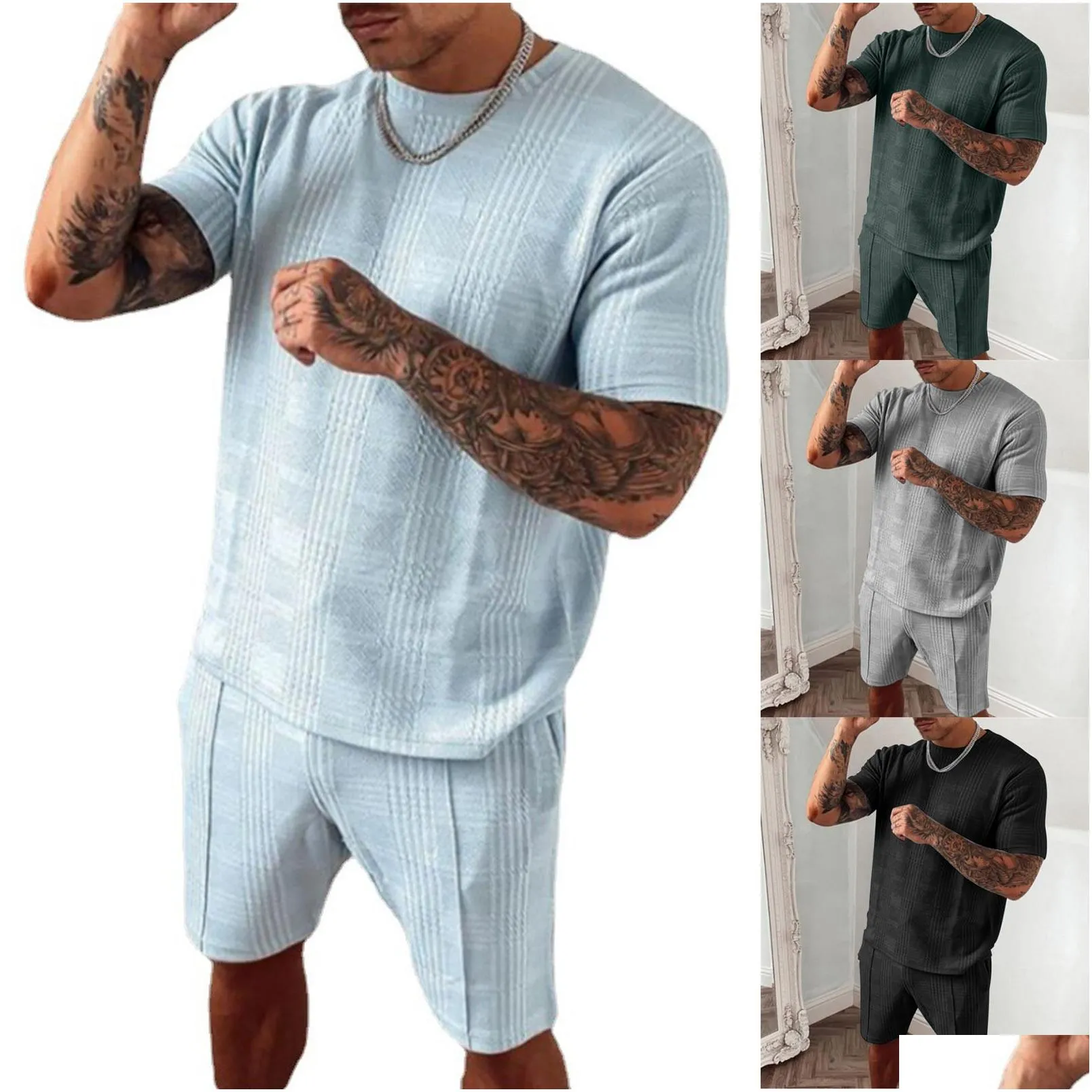 Men`S Tracksuits Man Sets Summer Tracksuit Men Casual Sports Set Solid Color Plaid Short Sleeved Shorts Fashion Mens 2 Piece Sportswe Dhxdp