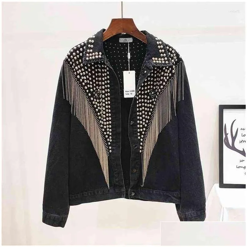 Women`S Jackets Womens Spring Summer Woman Denim Coat Beading Rivet Vintage Boyfriend Style Jacket Female Chic Fashion Long Sleeve Dro Dhz3P