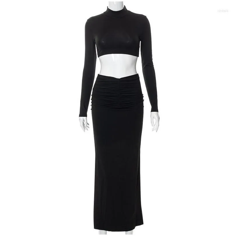Work Dresses Women Dress Two Piece Set Elegant White Long Sleeve Crop Tops And Ruched Pencil Skirts Party Clubwear Drop Delivery Dhasy