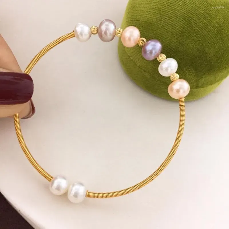 Bangle Women`s Hand Winding 14K Gold Plated Candy 6-7mm Freshwater Pearl Open Bracelet