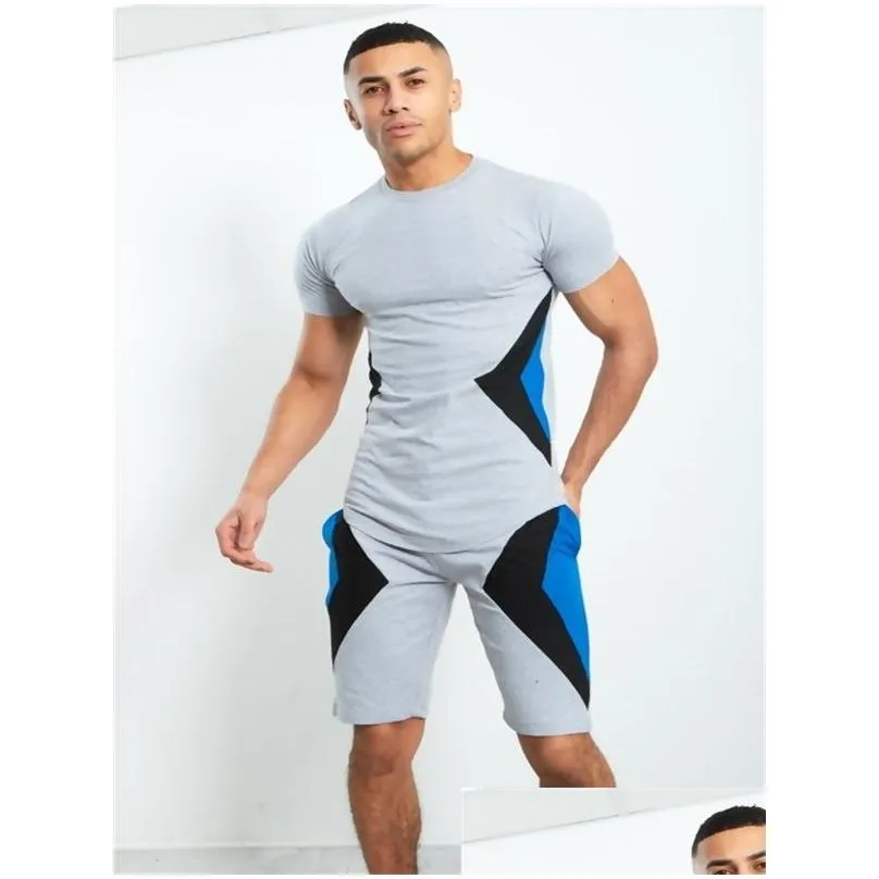 Men`S Tracksuits Mens Tracksuit Contrast Stitching Two Pieces Short Sleeve Sportswear Basketball Loose Casual Outfit Sport Set Fitnes Dhegc