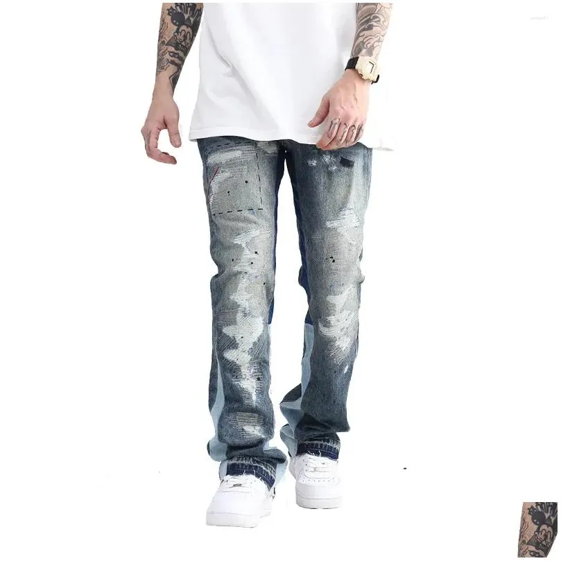 Men`S Jeans Mens Blue Le Ink Washed Destroyed Flared Jean Pants Hip Hop Iti Ripped Denim For Men Streetwear Vintage Wide Drop Deliver Dh7F2