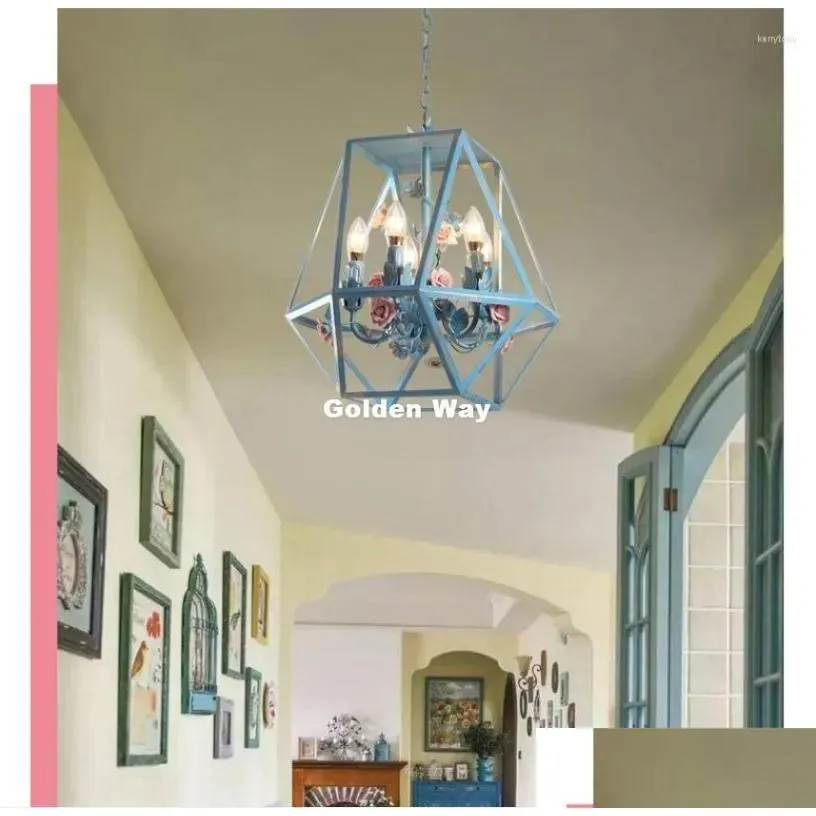 Chandeliers Floral Decora Pendant Chandelier D42Cm H43Cm Blue Color Iron Dining Room Living Rose Lights Lamp Home Drop Delivery Dhmfd