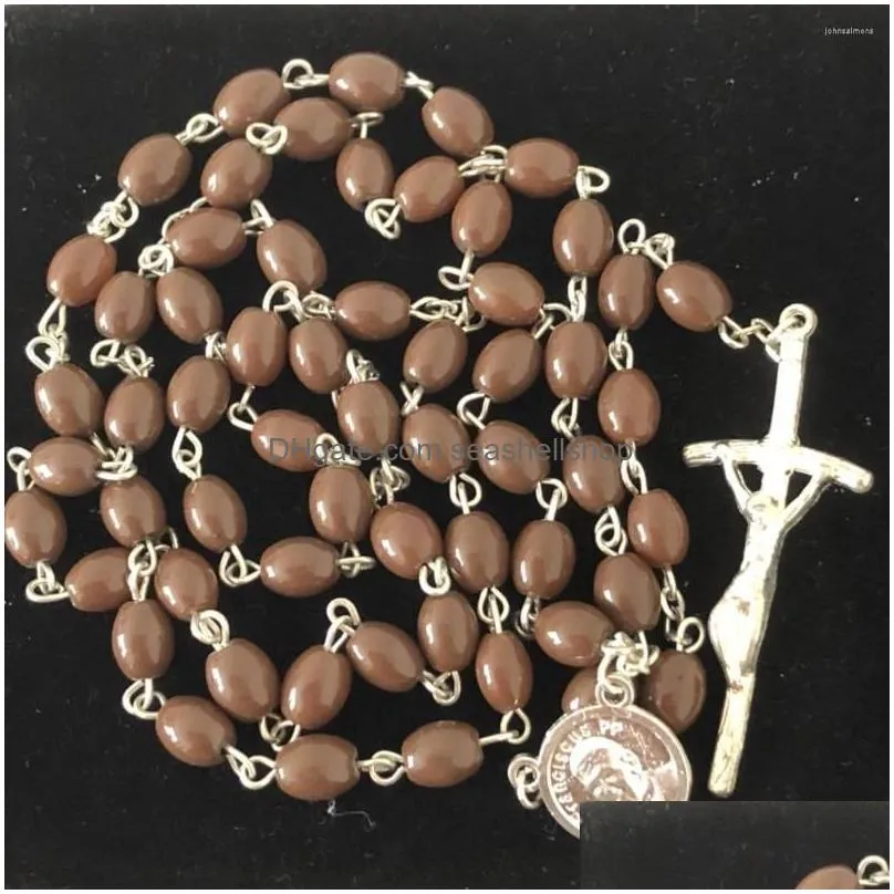 Pendant Necklaces 8 6Mm Sier Plating Chain Oval Brown Glass Bead Rosary Cute Pope For Italy Market Drop Delivery Dhf6R