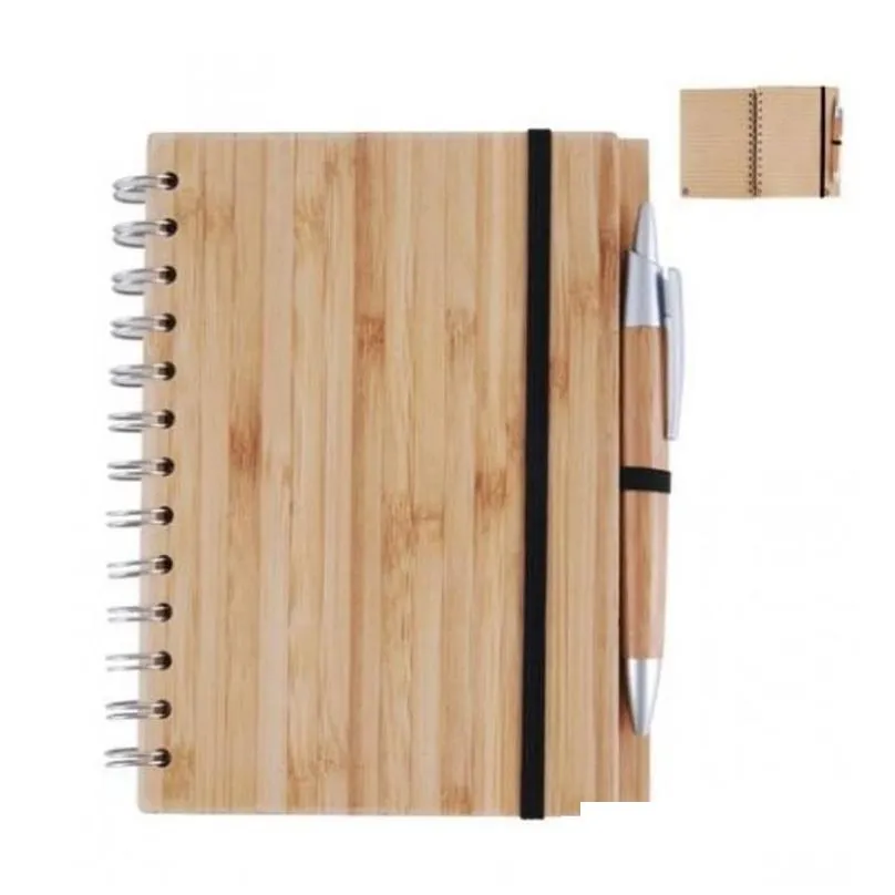 wholesale wood bamboo cover notebook spiral notepad with pen 70 sheets recycled lined paper