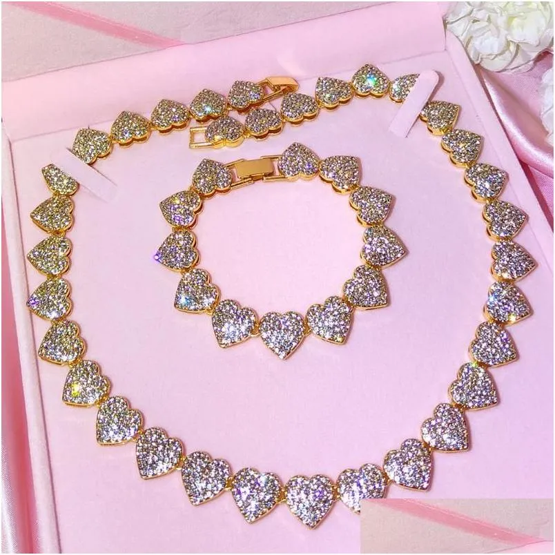 Pendant Necklaces Crystal Heart Cuban Link Chain Necklace For Women 15Mm Bling Fl Rhinestones Paved Tennis Hip Hop Jewelrypendant Dro Dhypc