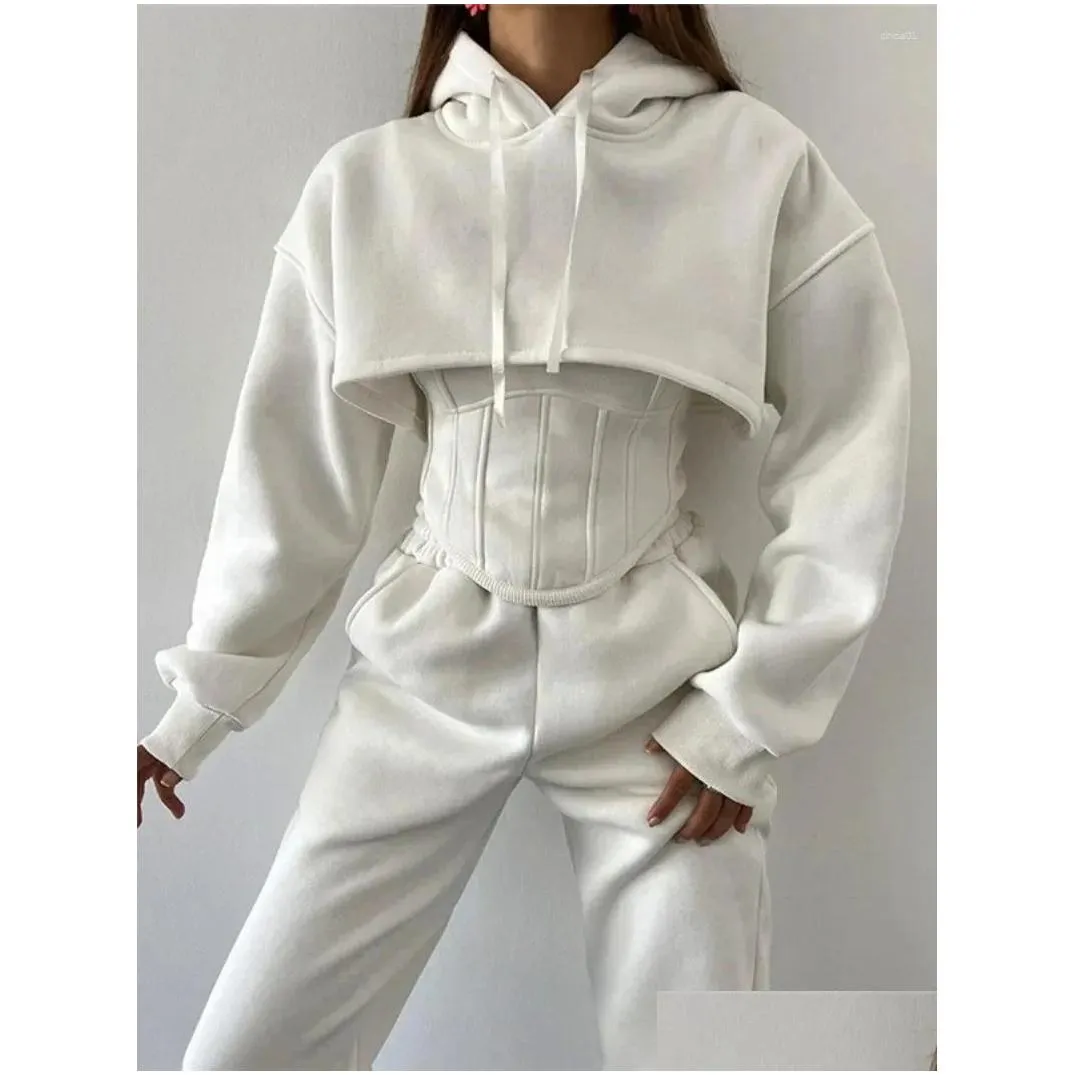 Women`S Two Piece Pants Womens Fashion 3 Pieces Hoodies Set Women Tracksuits Hooded Long Sleeve Cropped Sweatshirt Bandage Corset Swe Dhbft