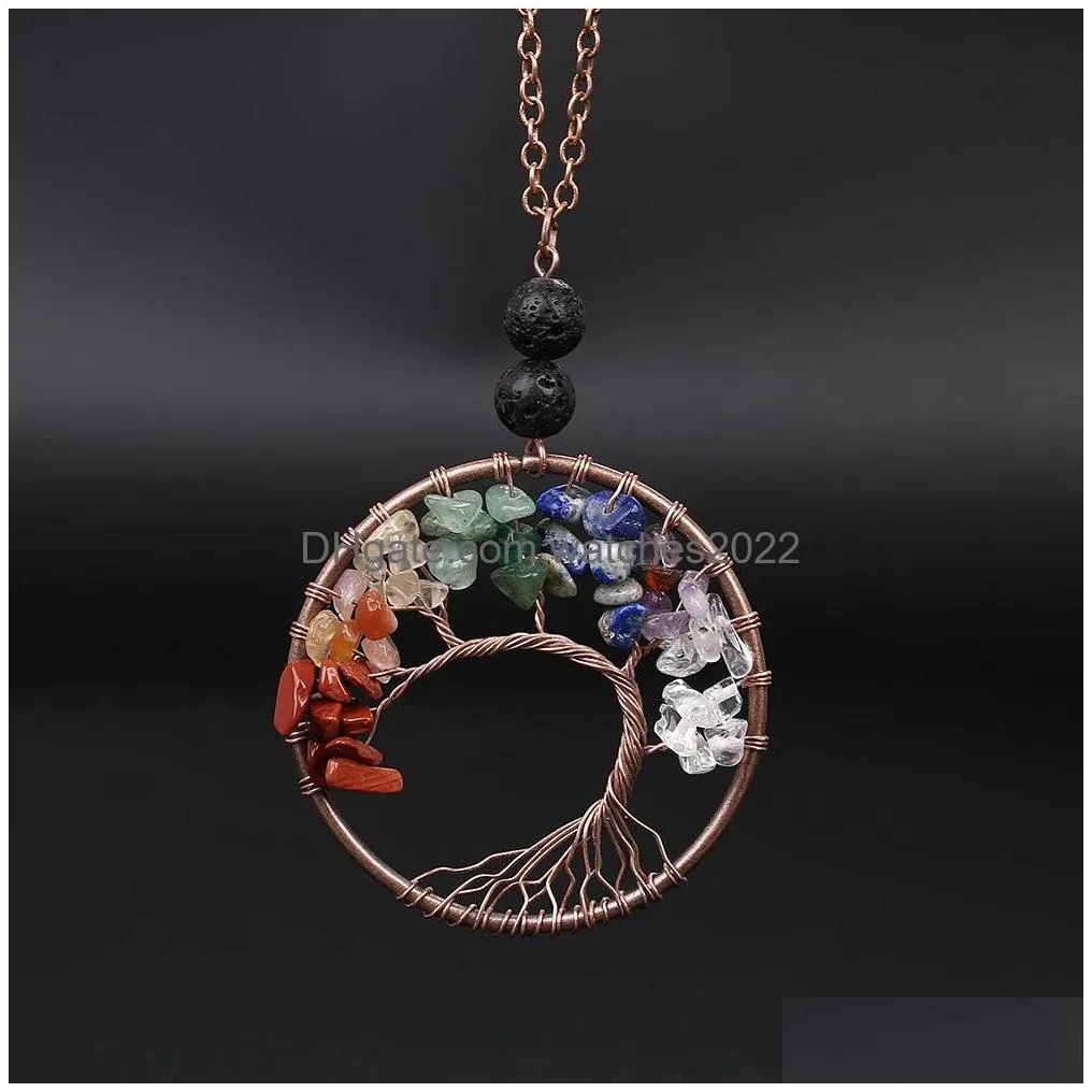 Pendant Necklaces Volcanic Stones Beads Bronze Wire Wrap Tree Of Life Necklace Natural 7 Chakra Healing Handmade Quartz Crystal Weddin Dhyza