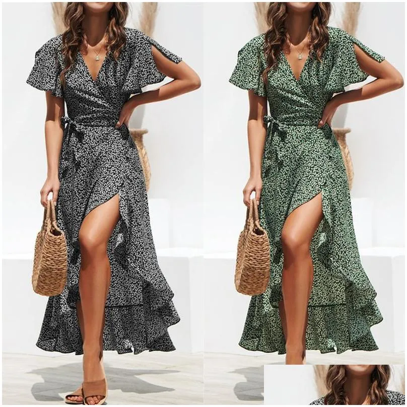 Basic & Casual Dresses Womens Beach Dress Elegant V Neck Sleeveless Strappy Floral Maxi High Waist Lace Up Chiffon Print With Flying Dhp6S